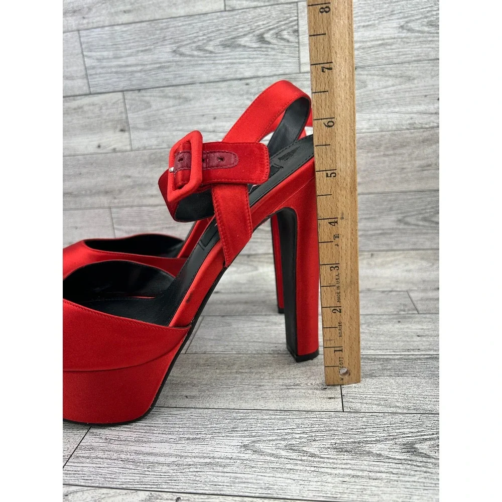 Nina NY Red Satin Platform Sandals Peep Toe Block Heel Buckle Strap Women 8.5M